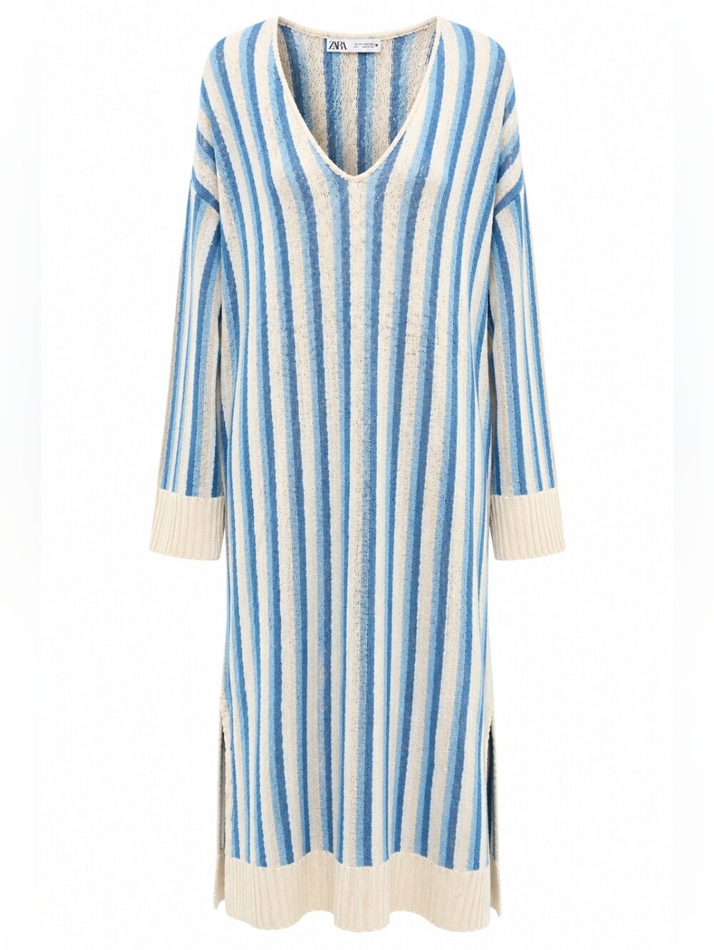 ZARA | Linen Knit Striped V-Neck Tunic Dress Swim Cover Up Blue Cream Beach | M